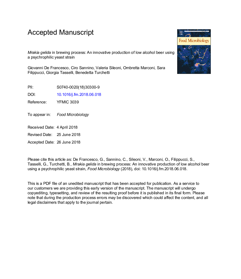 Mrakia gelida in brewing process: An innovative production of low alcohol beer using a psychrophilic yeast strain