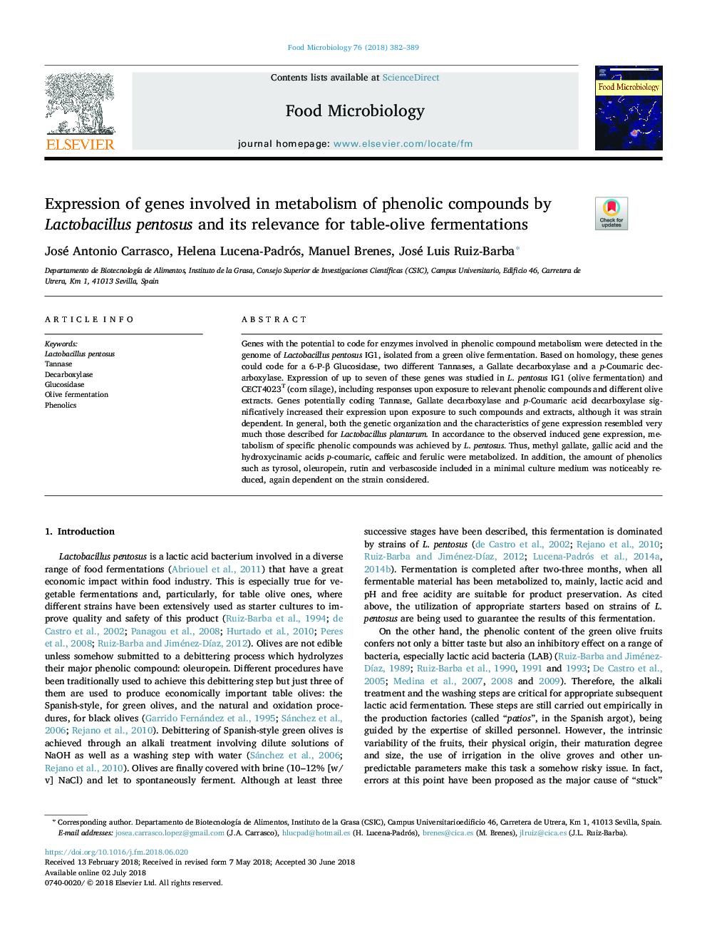 Expression of genes involved in metabolism of phenolic compounds by Lactobacillus pentosus and its relevance for table-olive fermentations