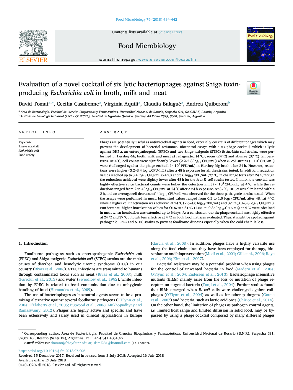 Evaluation of a novel cocktail of six lytic bacteriophages against Shiga toxin-producing Escherichia coli in broth, milk and meat