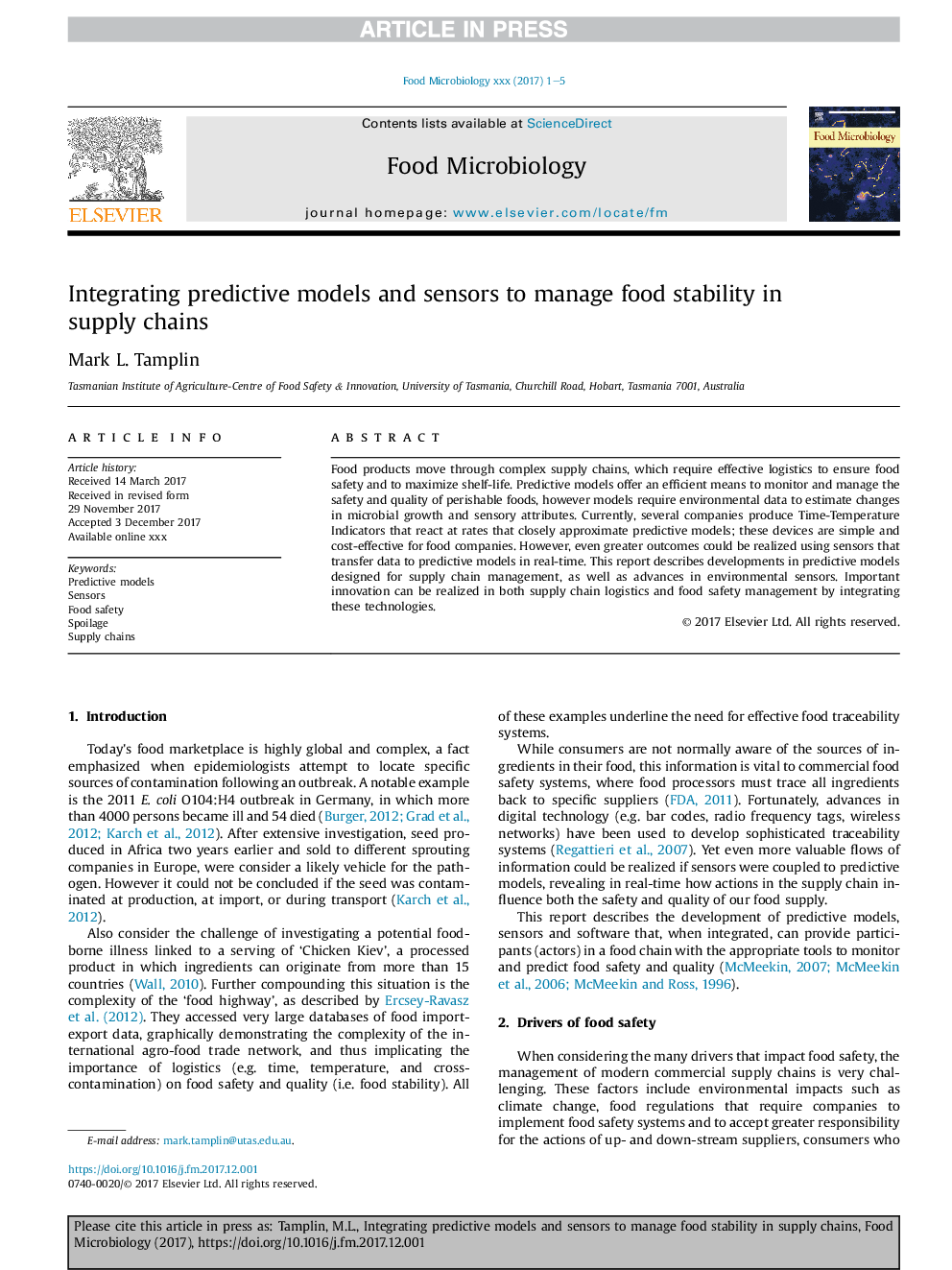 Integrating predictive models and sensors to manage food stability in supply chains