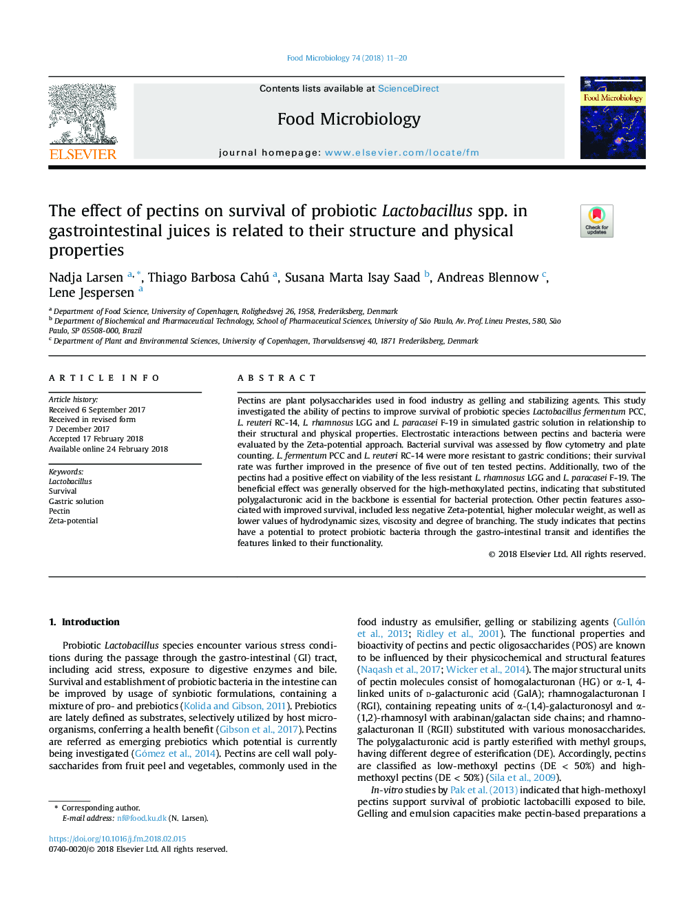 The effect of pectins on survival of probiotic Lactobacillus spp. in gastrointestinal juices is related to their structure and physical properties