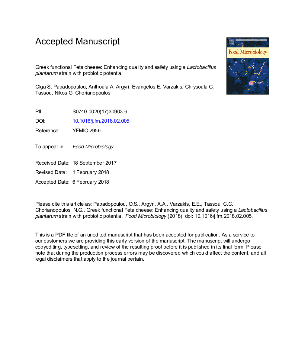 Greek functional Feta cheese: Enhancing quality and safety using a Lactobacillus plantarum strain with probiotic potential