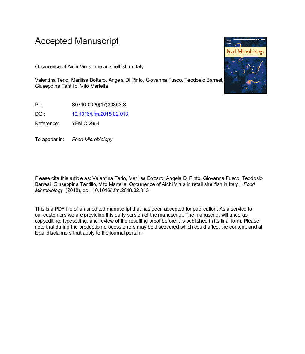 Occurrence of Aichi virus in retail shellfish in Italy