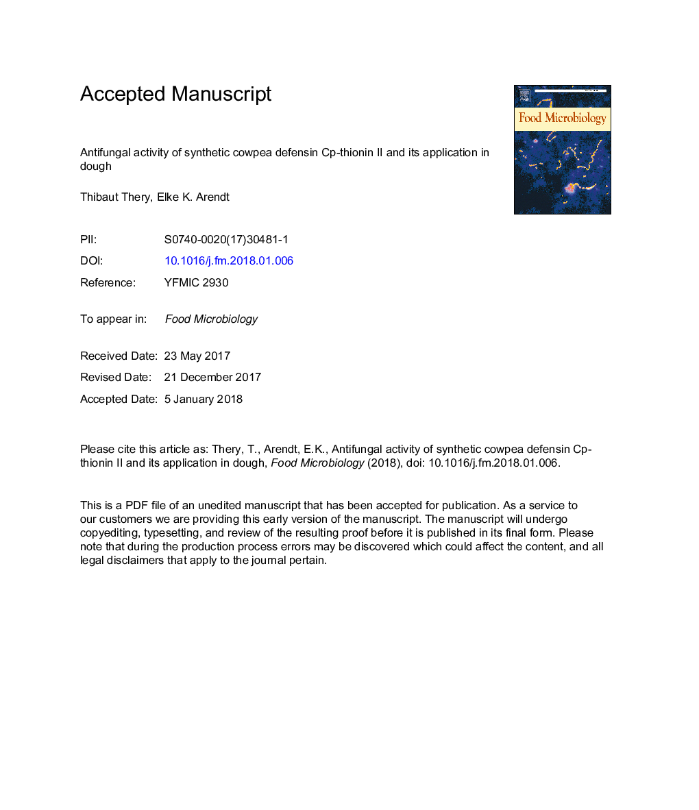 Antifungal activity of synthetic cowpea defensin Cp-thionin II and its application in dough