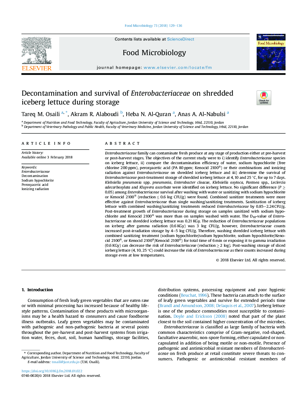 Decontamination and survival of Enterobacteriaceae on shredded iceberg lettuce during storage