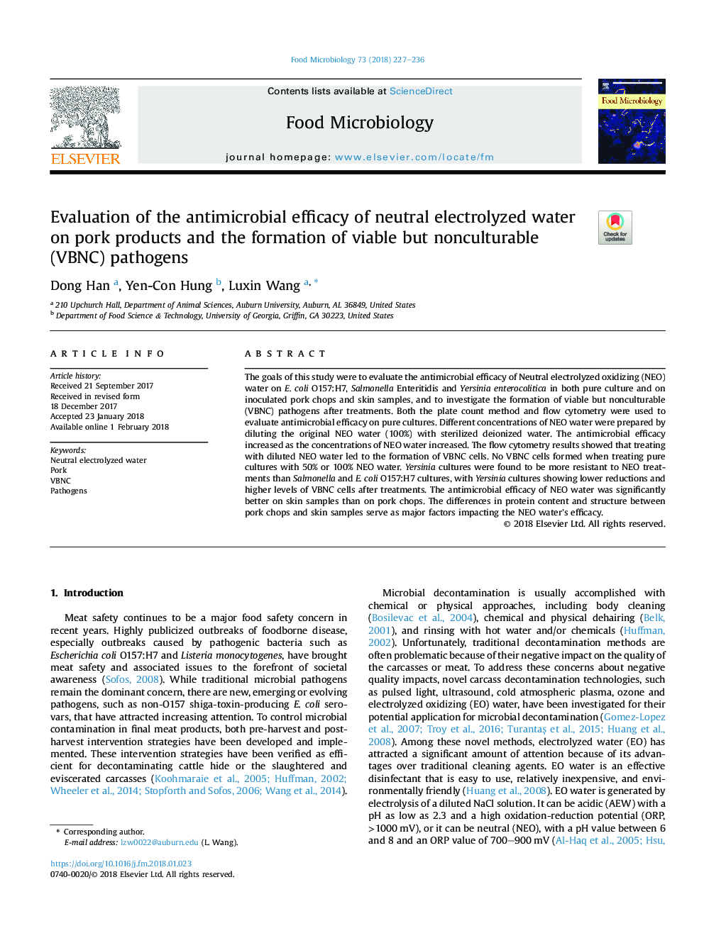 Evaluation of the antimicrobial efficacy of neutral electrolyzed water on pork products and the formation of viable but nonculturable (VBNC) pathogens