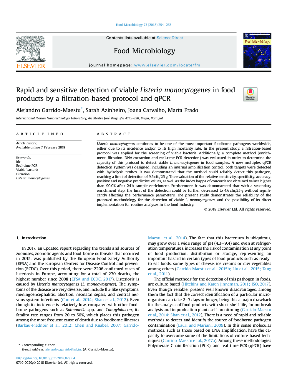 Rapid and sensitive detection of viable Listeria monocytogenes in food products by a filtration-based protocol and qPCR