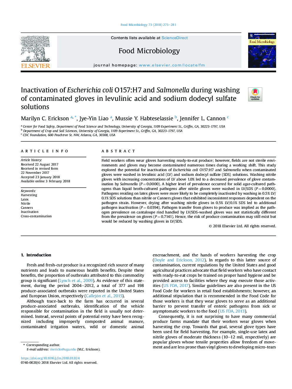 Inactivation of Escherichia coli O157:H7 and Salmonella during washing of contaminated gloves in levulinic acid and sodium dodecyl sulfate solutions