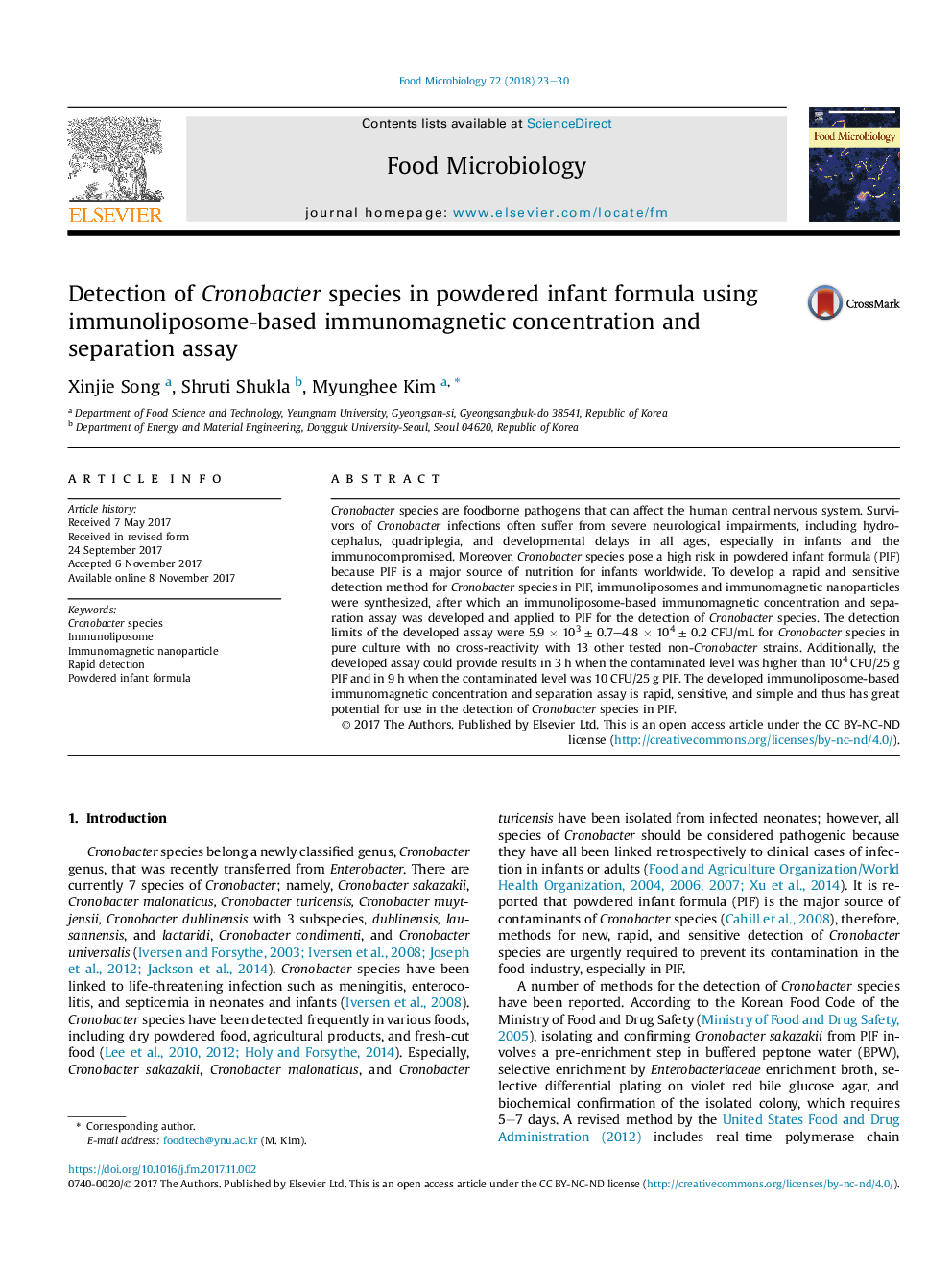 Detection of Cronobacter species in powdered infant formula using immunoliposome-based immunomagnetic concentration and separation assay