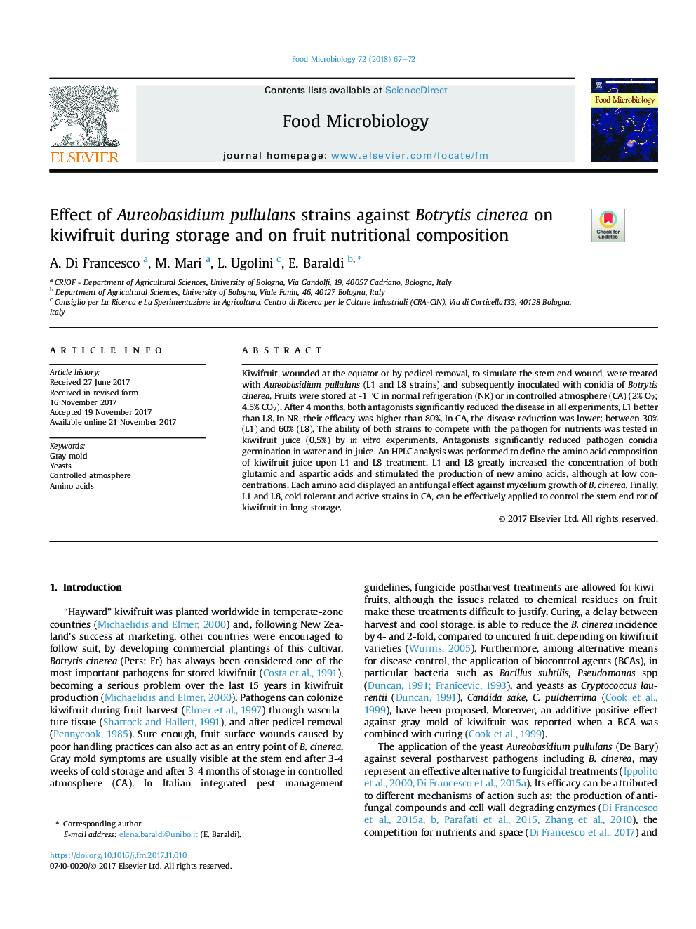 Effect of Aureobasidium pullulans strains against Botrytis cinerea on kiwifruit during storage and on fruit nutritional composition