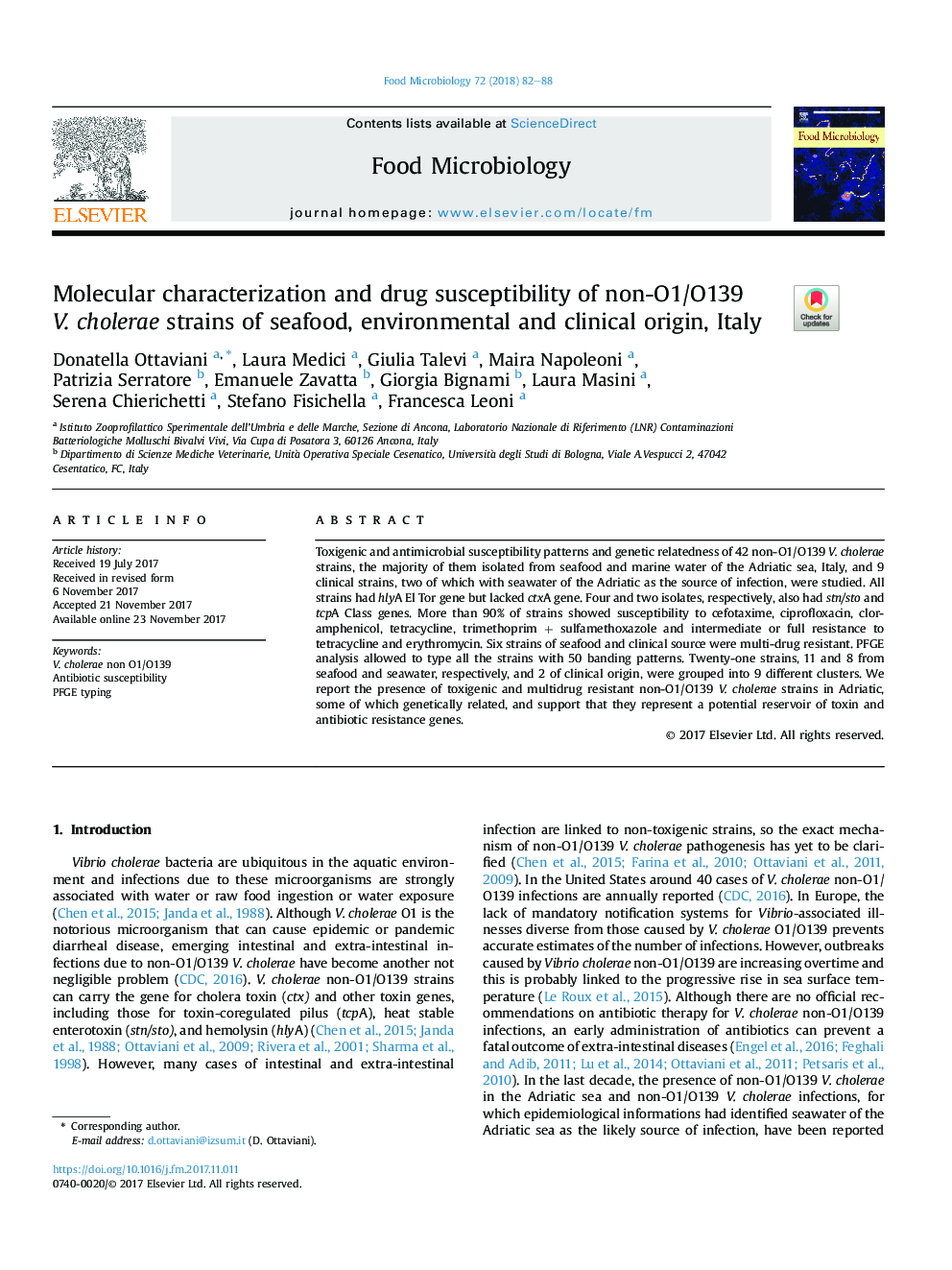 Molecular characterization and drug susceptibility of non-O1/O139 V.Â cholerae strains of seafood, environmental and clinical origin, Italy