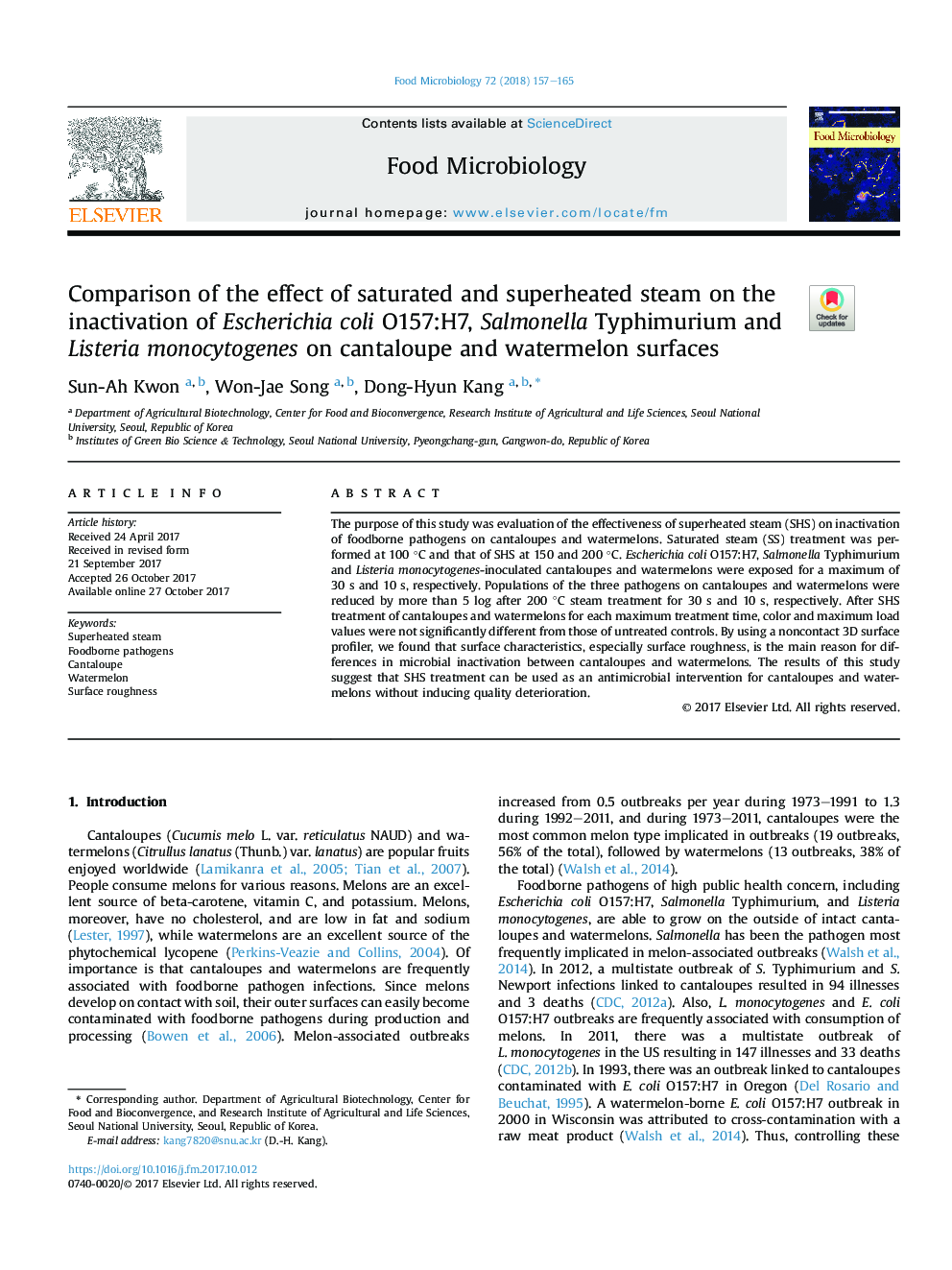 Comparison of the effect of saturated and superheated steam on the inactivation of Escherichia coli O157:H7, Salmonella Typhimurium and Listeria monocytogenes on cantaloupe and watermelon surfaces