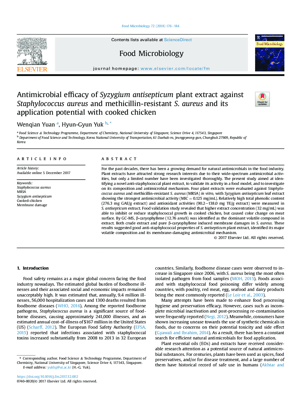 Antimicrobial efficacy of Syzygium antisepticum plant extract against Staphylococcus aureus and methicillin-resistant S.Â aureus and its application potential with cooked chicken