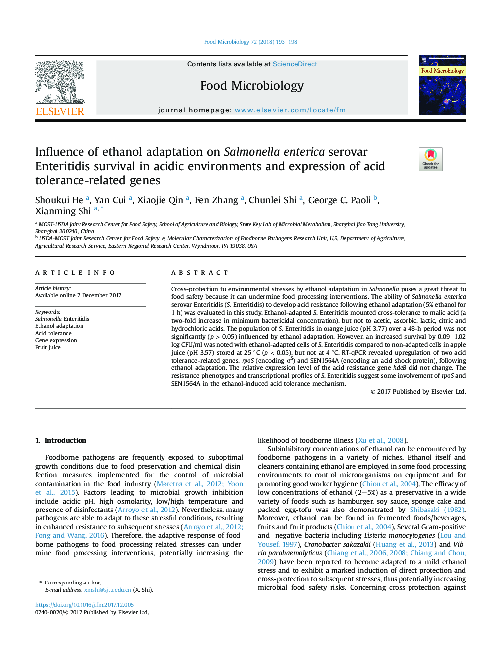 Influence of ethanol adaptation on Salmonella enterica serovar Enteritidis survival in acidic environments and expression of acid tolerance-related genes