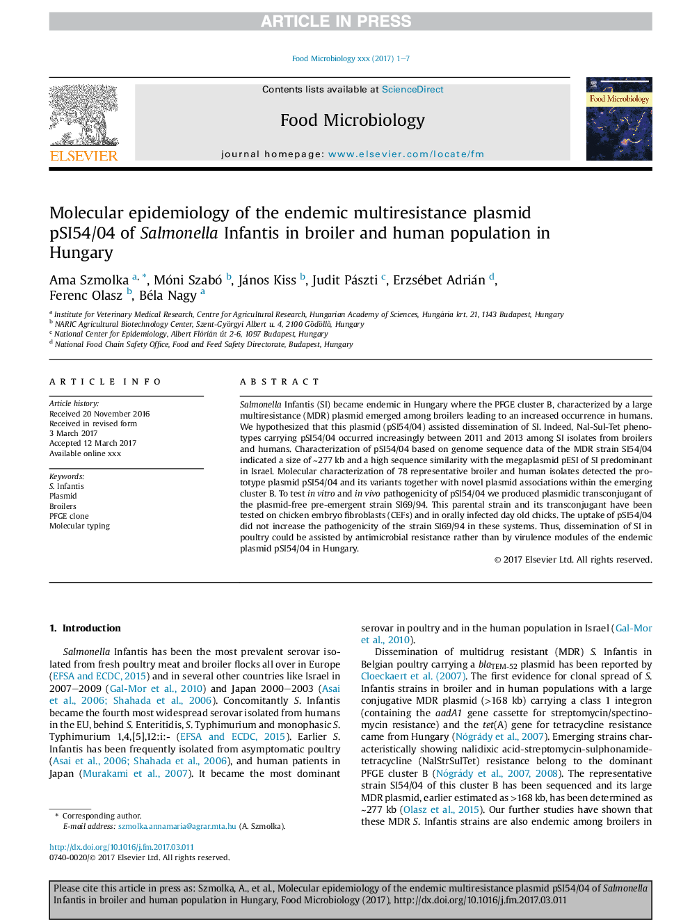 Molecular epidemiology of the endemic multiresistance plasmid pSI54/04 of Salmonella Infantis in broiler and human population in Hungary