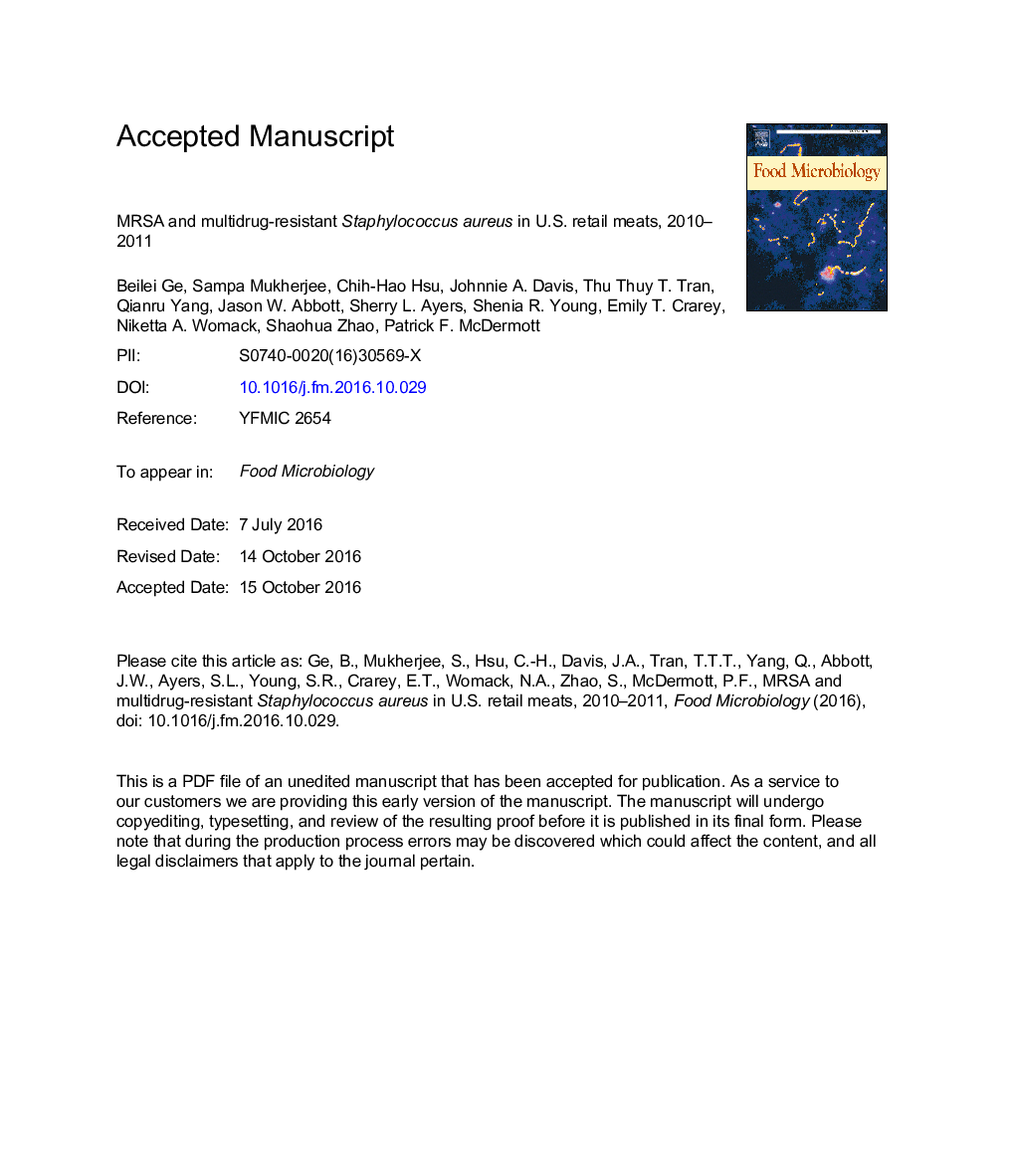 MRSA and multidrug-resistant Staphylococcus aureus in U.S. retail meats, 2010-2011