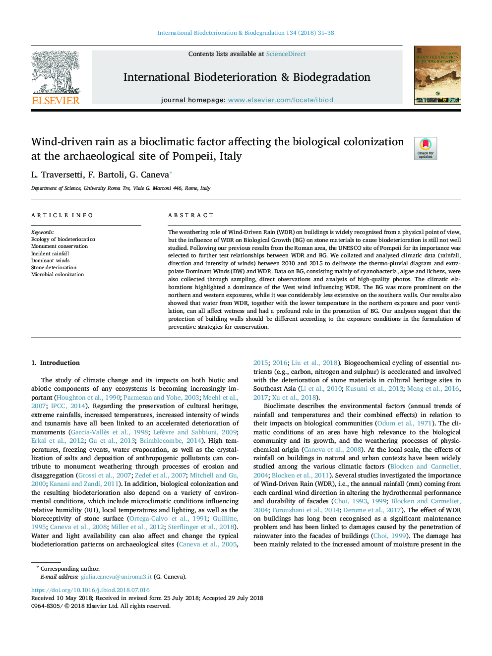 Wind-driven rain as a bioclimatic factor affecting the biological colonization at the archaeological site of Pompeii, Italy