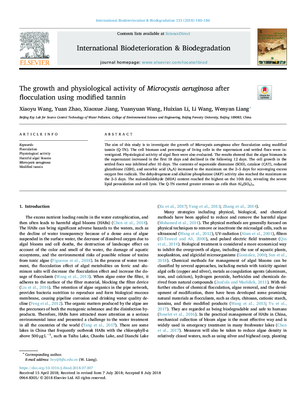 The growth and physiological activity of Microcystis aeruginosa after flocculation using modified tannin