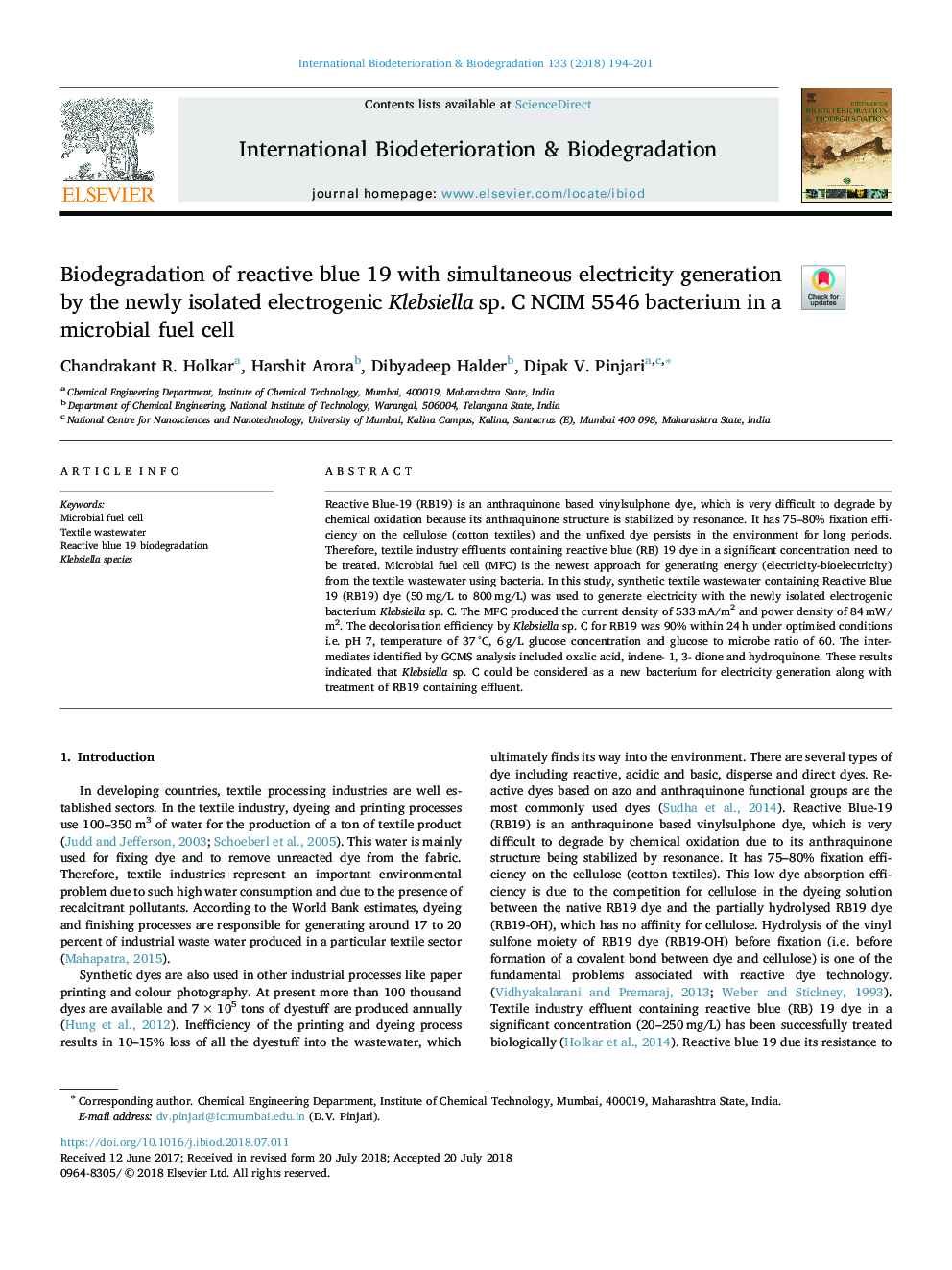 Biodegradation of reactive blue 19 with simultaneous electricity generation by the newly isolated electrogenic Klebsiella sp. C NCIM 5546 bacterium in a microbial fuel cell