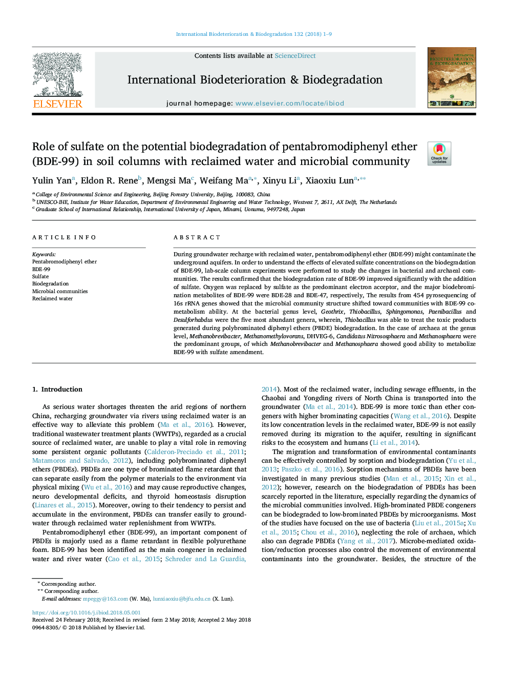 عکس صفحه اول مقاله: Role of sulfate on the potential biodegradation of pentabromodiphenyl ether (BDE-99) in soil columns with reclaimed water and microbial community Role of sulfate on the potential biodegradation of pentabromodiphenyl ether (BDE-99) in soil columns with reclaimed water and microbial community