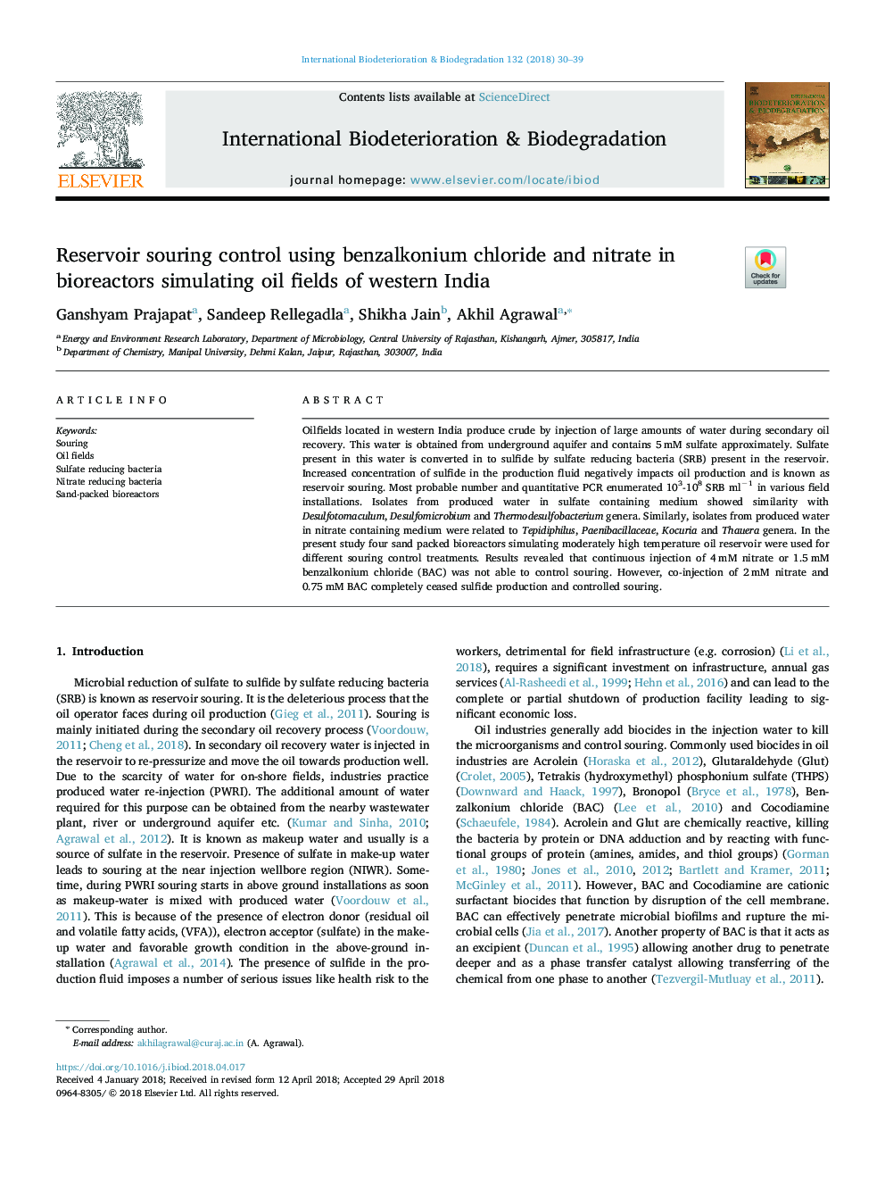 Reservoir souring control using benzalkonium chloride and nitrate in bioreactors simulating oil fields of western India