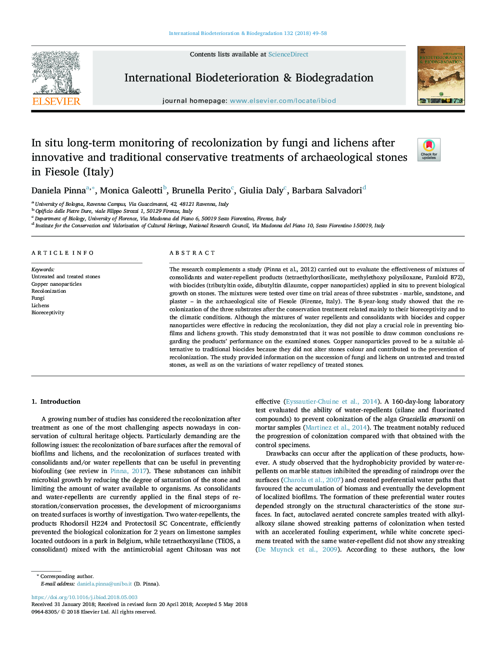 In situ long-term monitoring of recolonization by fungi and lichens after innovative and traditional conservative treatments of archaeological stones in Fiesole (Italy)