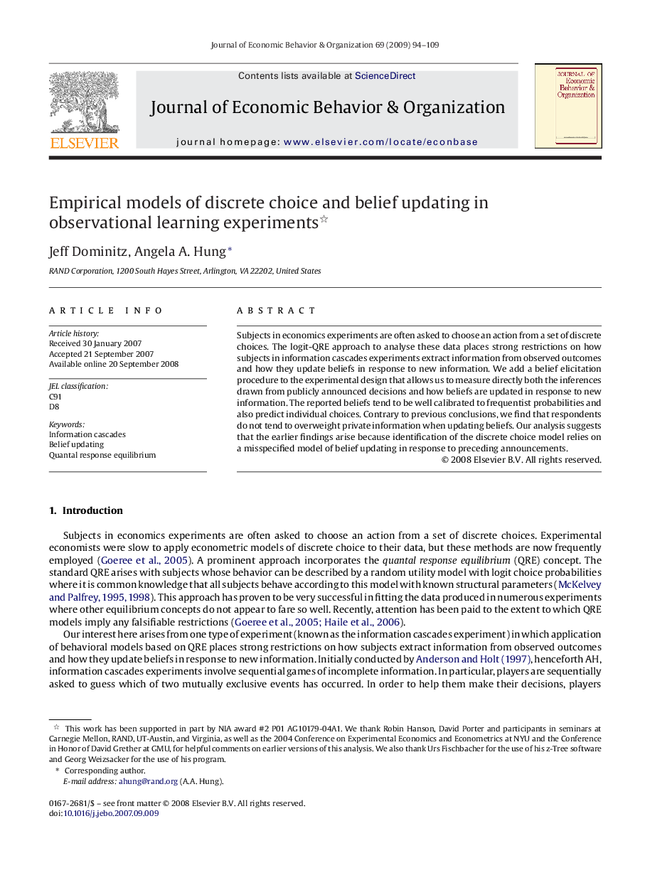 Empirical models of discrete choice and belief updating in observational learning experiments 