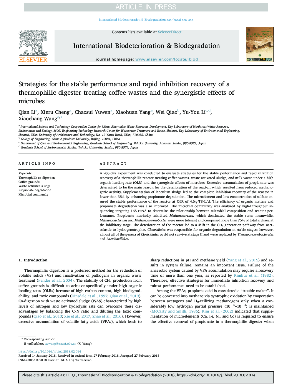 Strategies for the stable performance and rapid inhibition recovery of a thermophilic digester treating coffee wastes and the synergistic effects of microbes