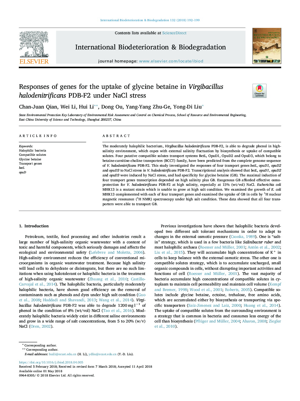 Responses of genes for the uptake of glycine betaine in Virgibacillus halodenitrificans PDB-F2 under NaCl stress