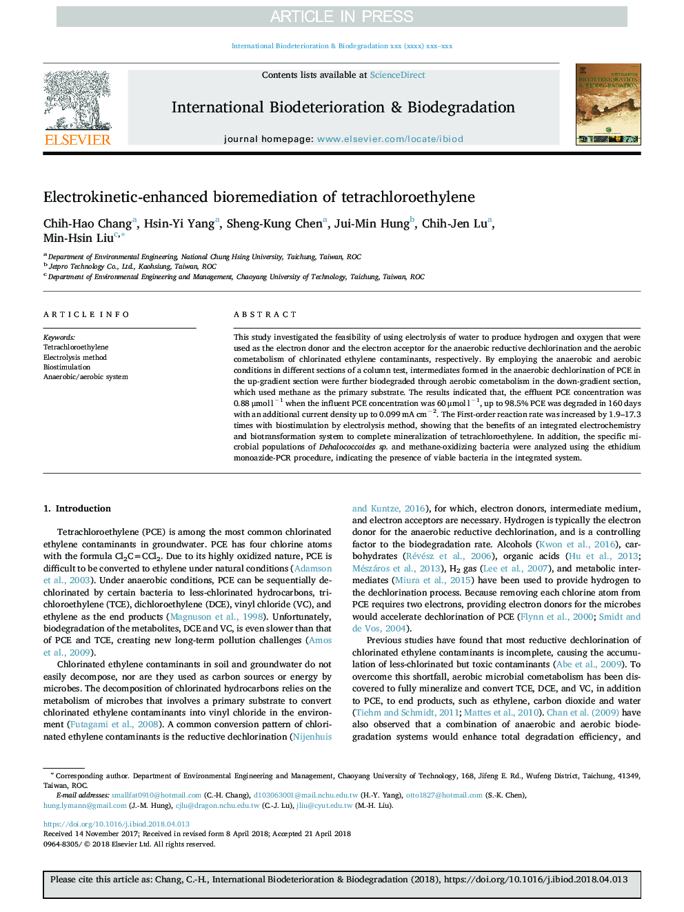 Electrokinetic-enhanced bioremediation of tetrachloroethylene