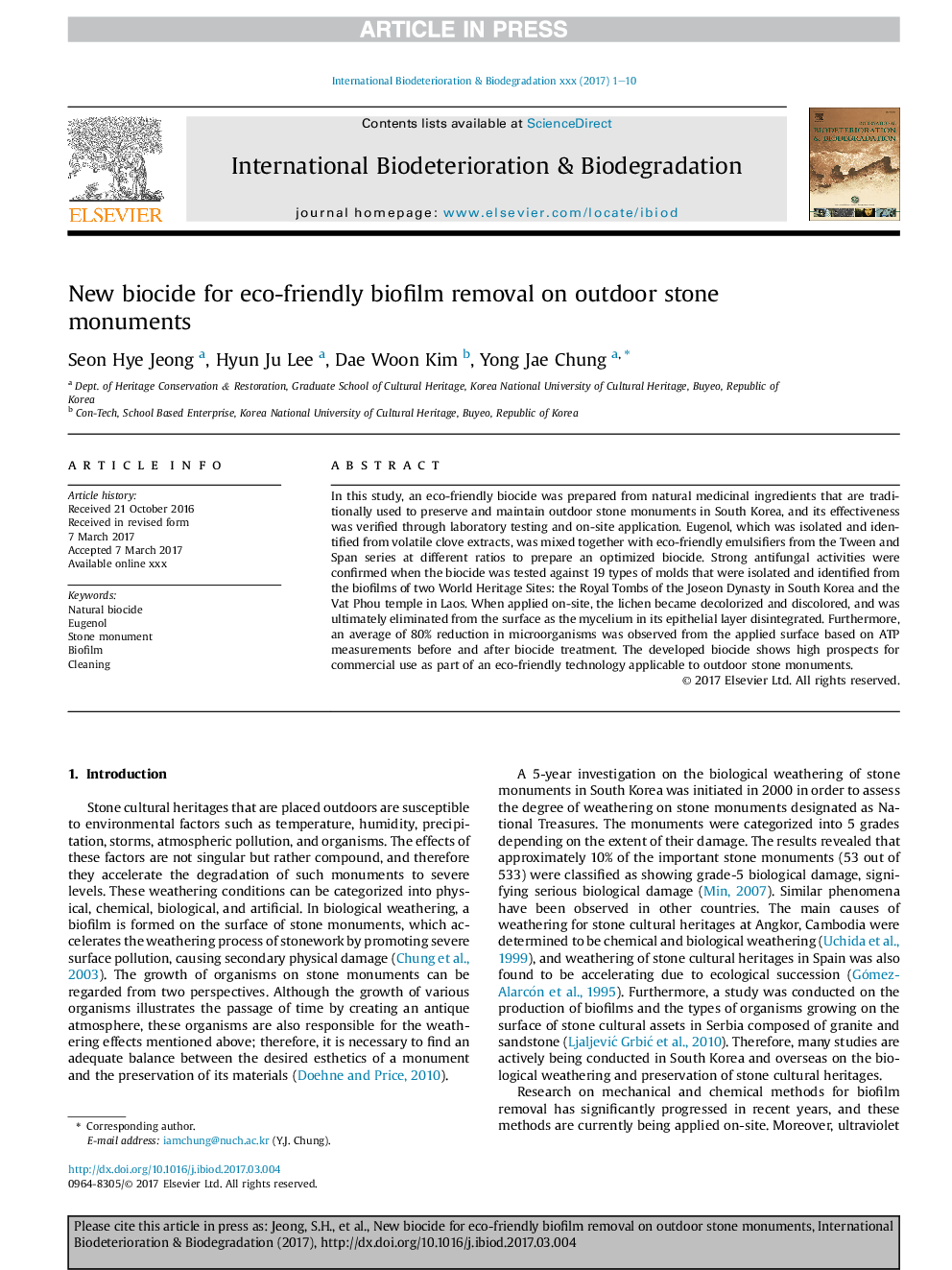 New biocide for eco-friendly biofilm removal on outdoor stone monuments