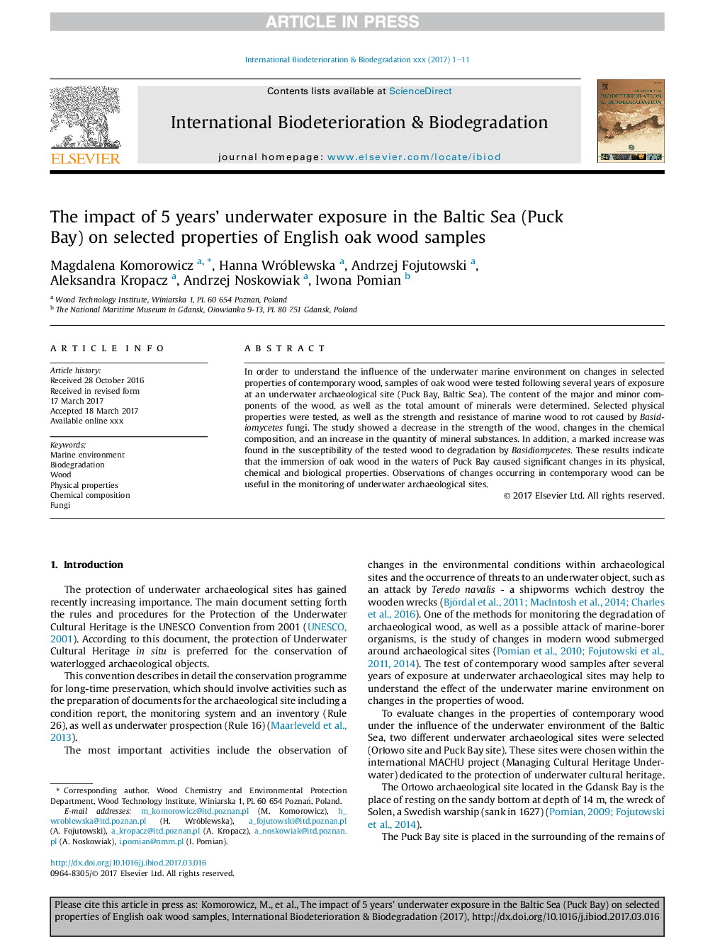 The impact of 5 years' underwater exposure in the Baltic Sea (Puck Bay) on selected properties of English oak wood samples