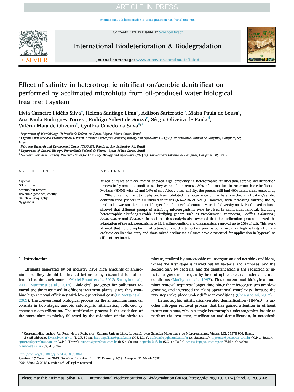 Effect of salinity in heterotrophic nitrification/aerobic denitrification performed by acclimated microbiota from oil-produced water biological treatment system