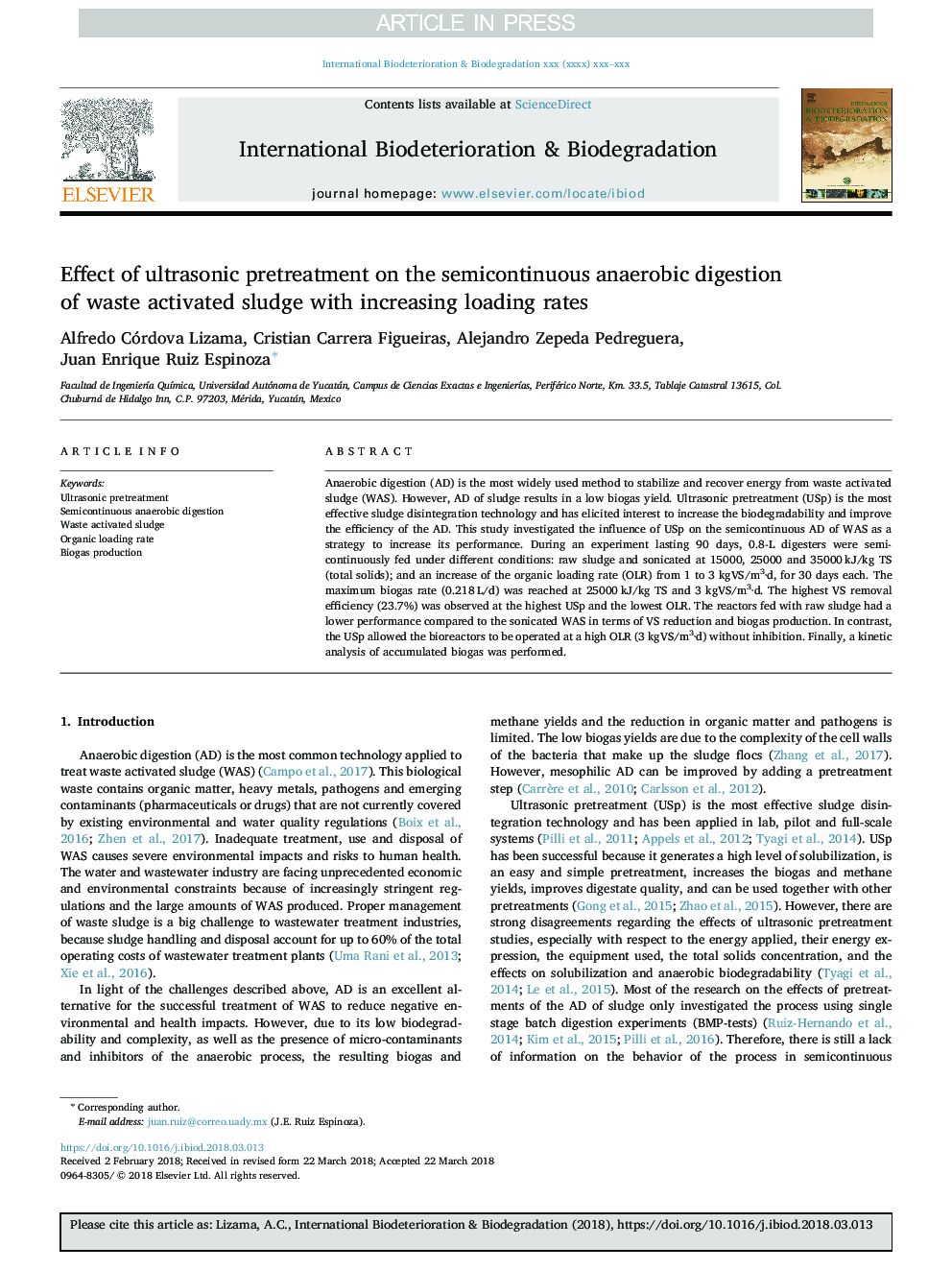 Effect of ultrasonic pretreatment on the semicontinuous anaerobic digestion of waste activated sludge with increasing loading rates