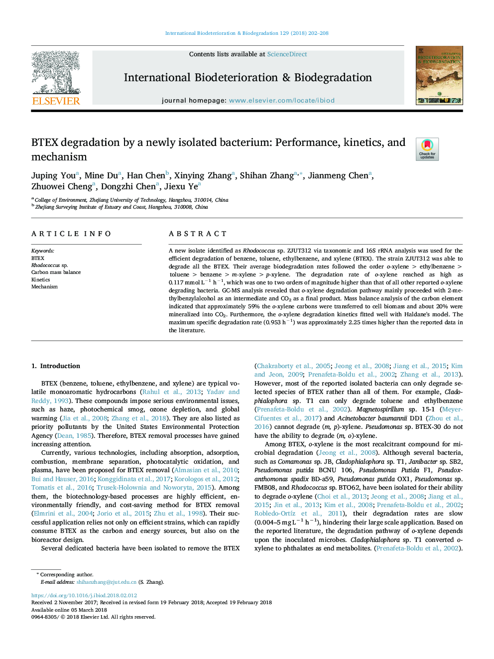 BTEX degradation by a newly isolated bacterium: Performance, kinetics, and mechanism