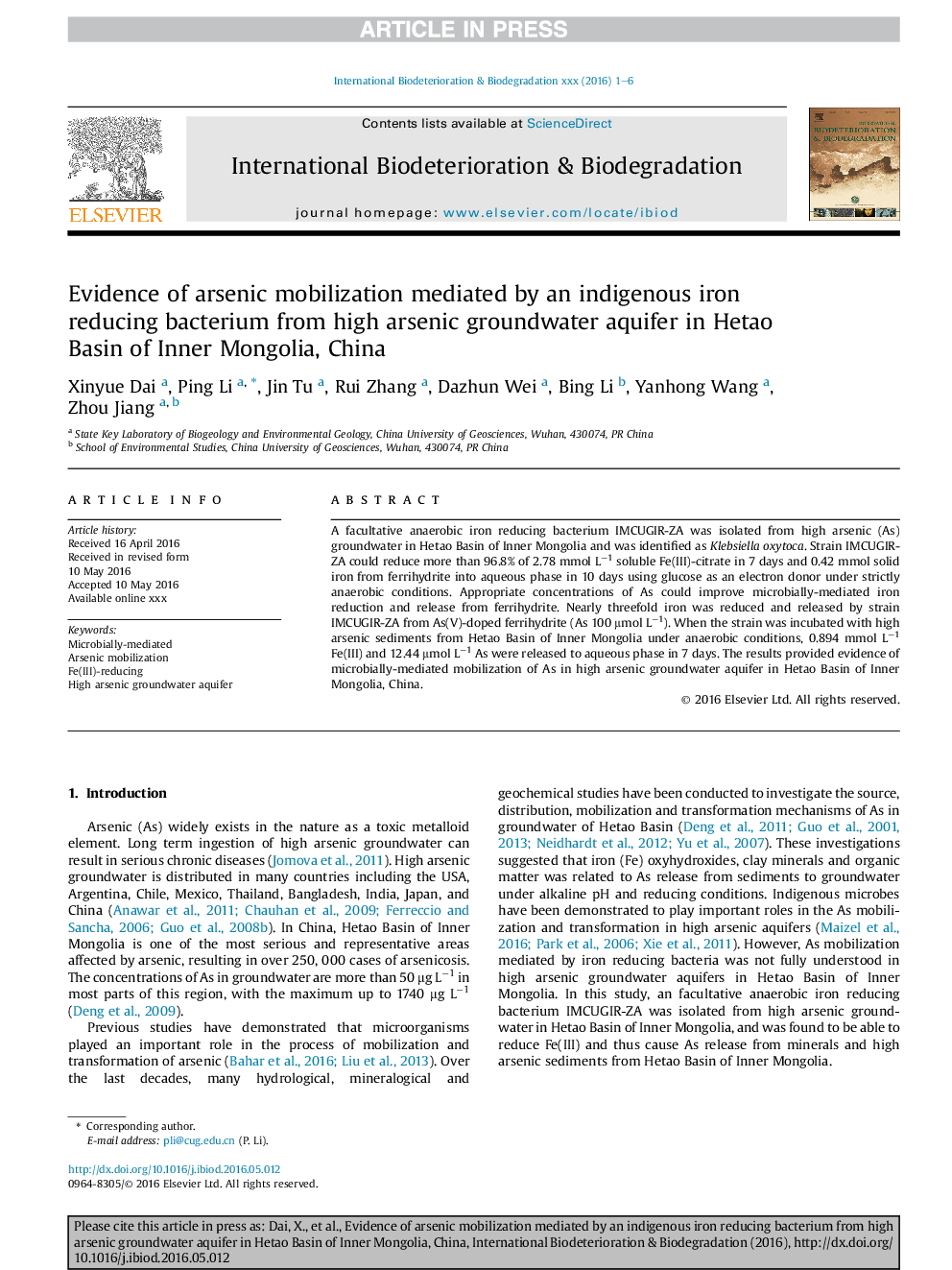 Evidence of arsenic mobilization mediated by an indigenous iron reducing bacterium from high arsenic groundwater aquifer in Hetao Basin of Inner Mongolia, China