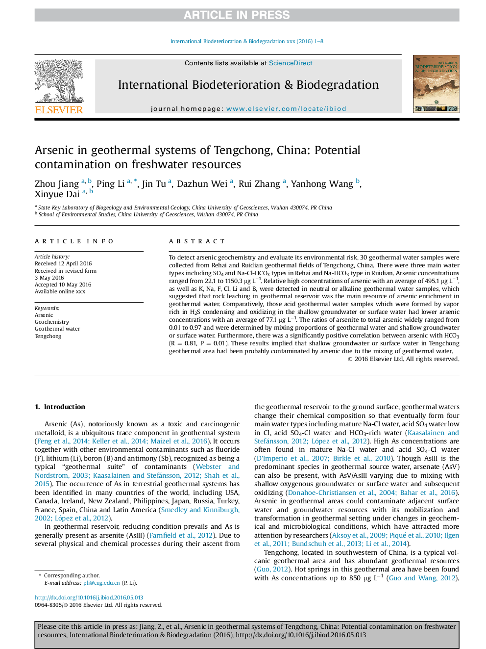 Arsenic in geothermal systems of Tengchong, China: Potential contamination on freshwater resources