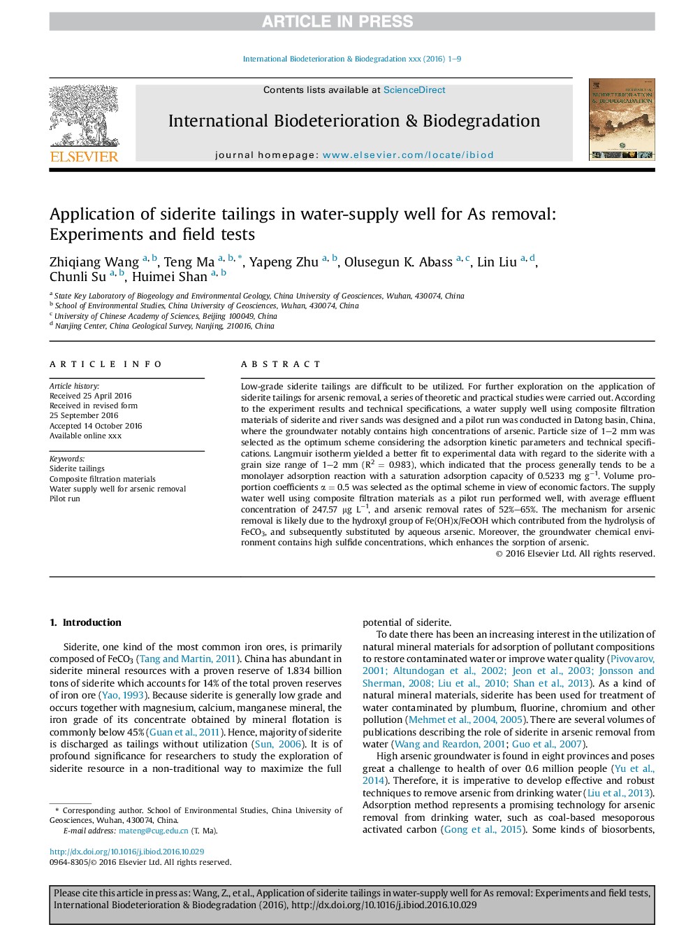 Application of siderite tailings in water-supply well for As removal: Experiments and field tests