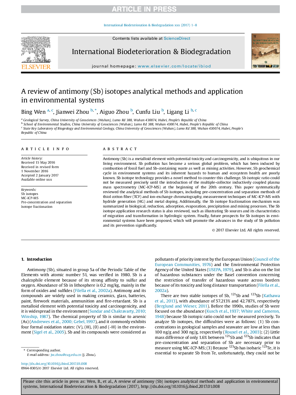 A review of antimony (Sb) isotopes analytical methods and application in environmental systems