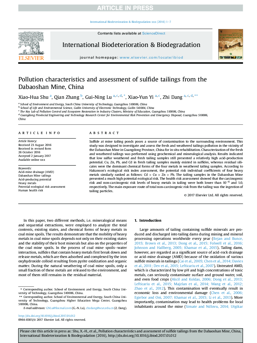 Pollution characteristics and assessment of sulfide tailings from the Dabaoshan Mine, China
