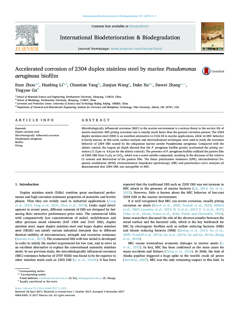 Accelerated corrosion of 2304 duplex stainless steel by marine Pseudomonas aeruginosa biofilm