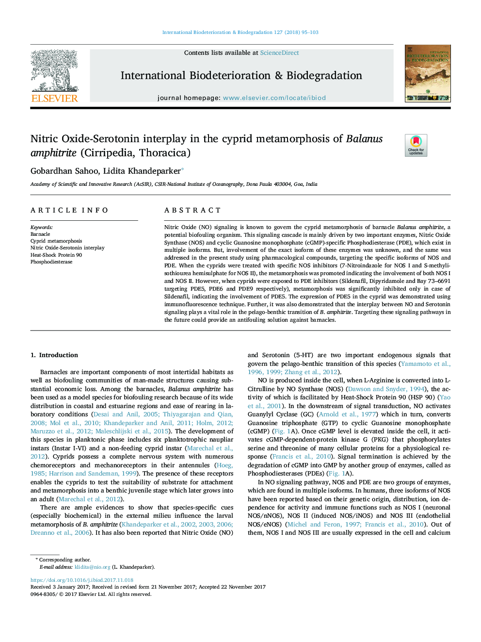 Nitric Oxide-Serotonin interplay in the cyprid metamorphosis of Balanus amphitrite (Cirripedia, Thoracica)