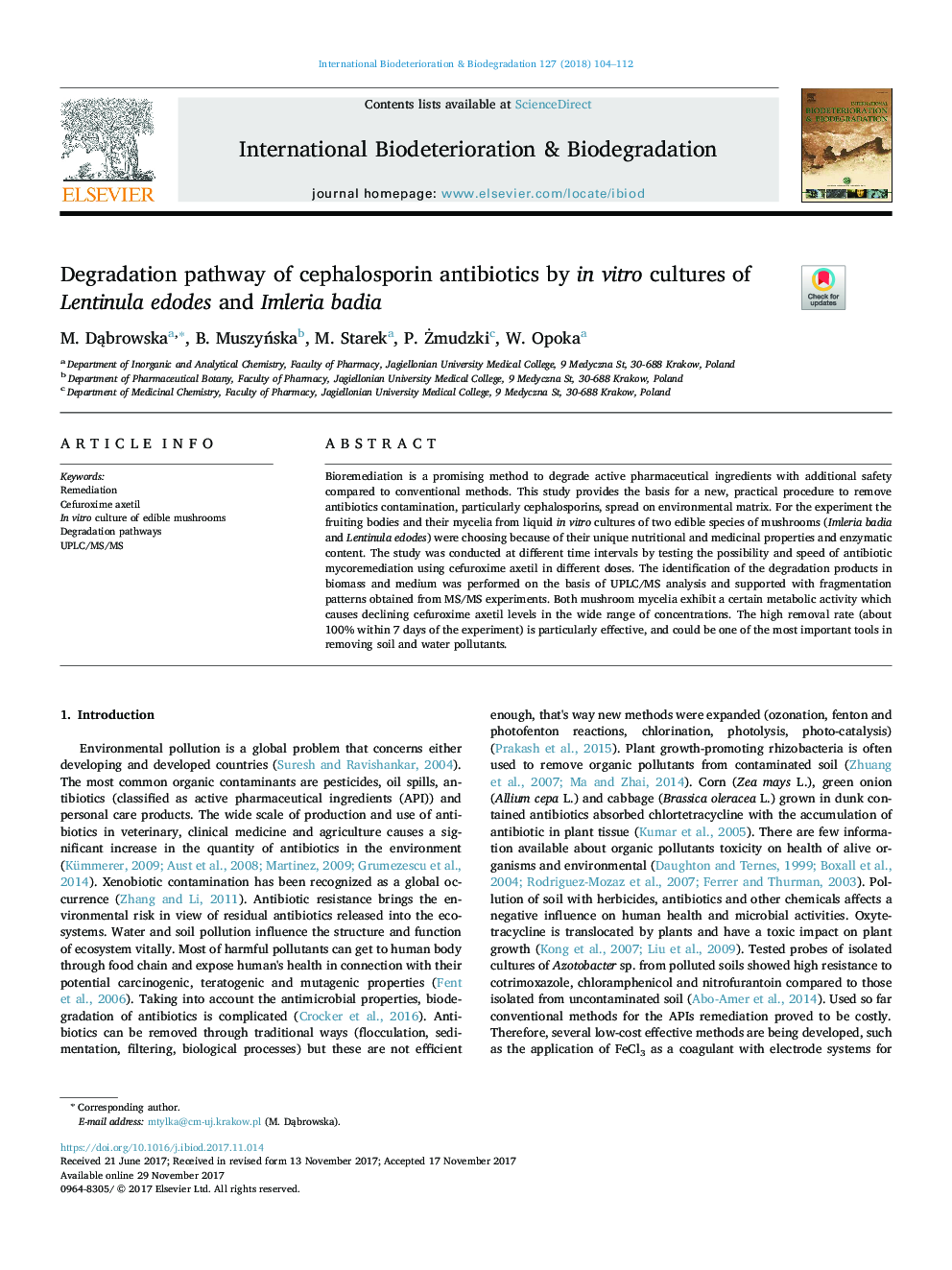 Degradation pathway of cephalosporin antibiotics by in vitro cultures of Lentinula edodes and Imleria badia