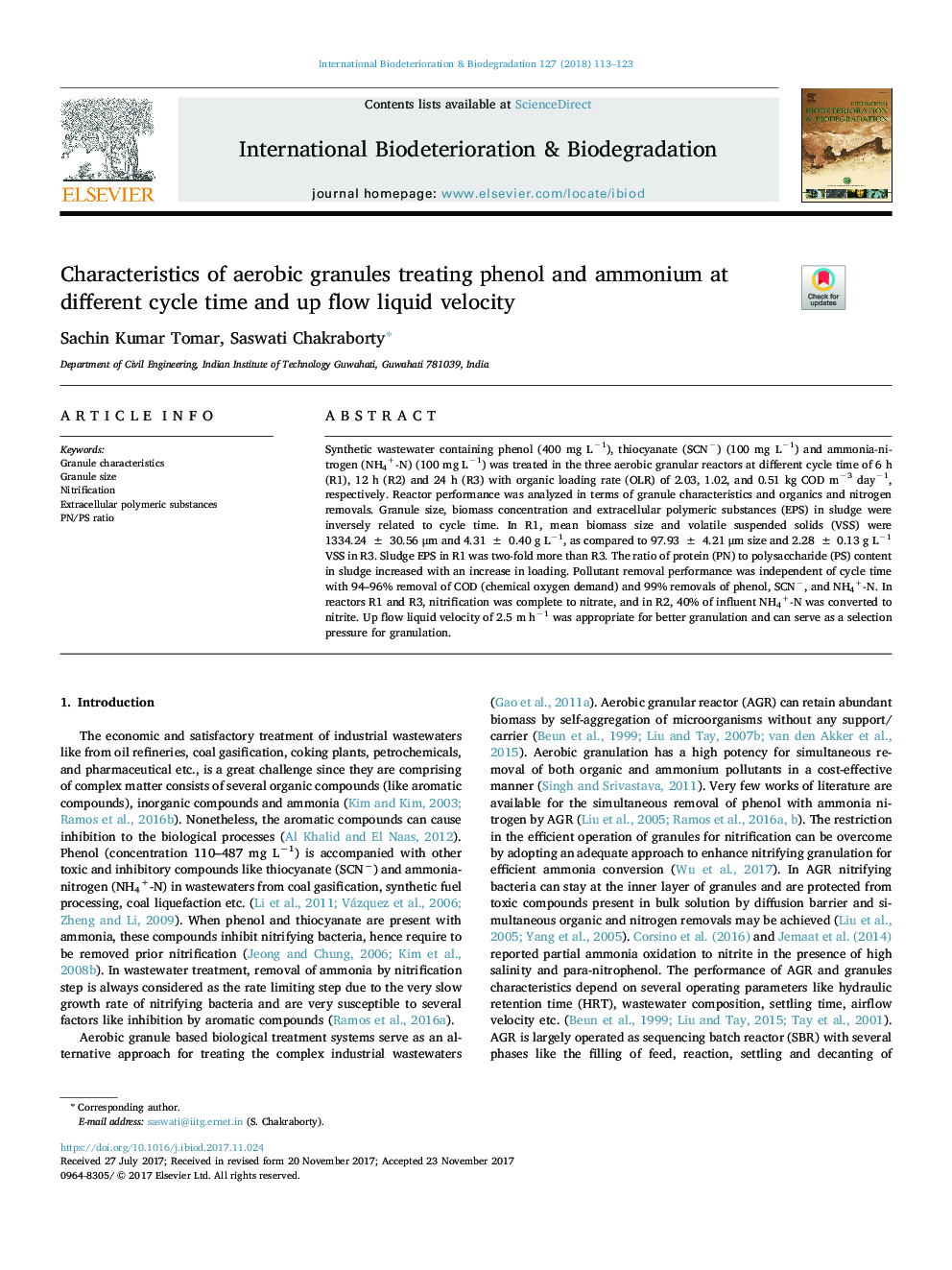 Characteristics of aerobic granules treating phenol and ammonium at different cycle time and up flow liquid velocity