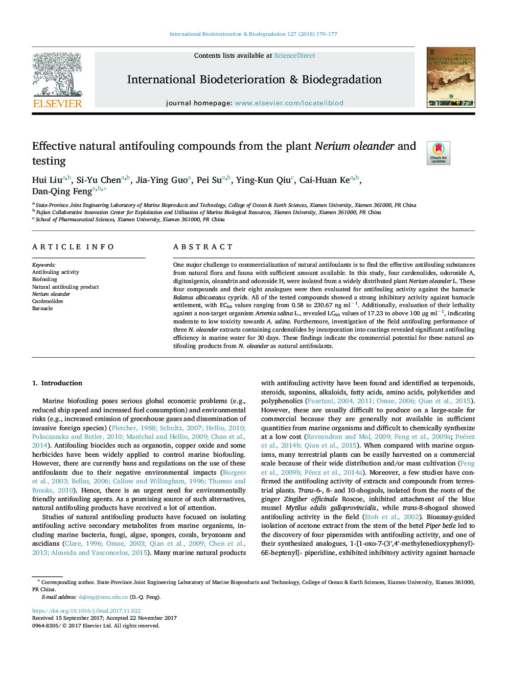 Effective natural antifouling compounds from the plant Nerium oleander and testing