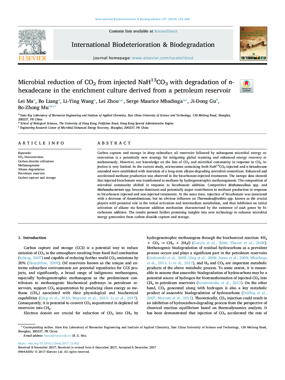 Microbial reduction of CO2 from injected NaH13CO3 with degradation of n-hexadecane in the enrichment culture derived from a petroleum reservoir