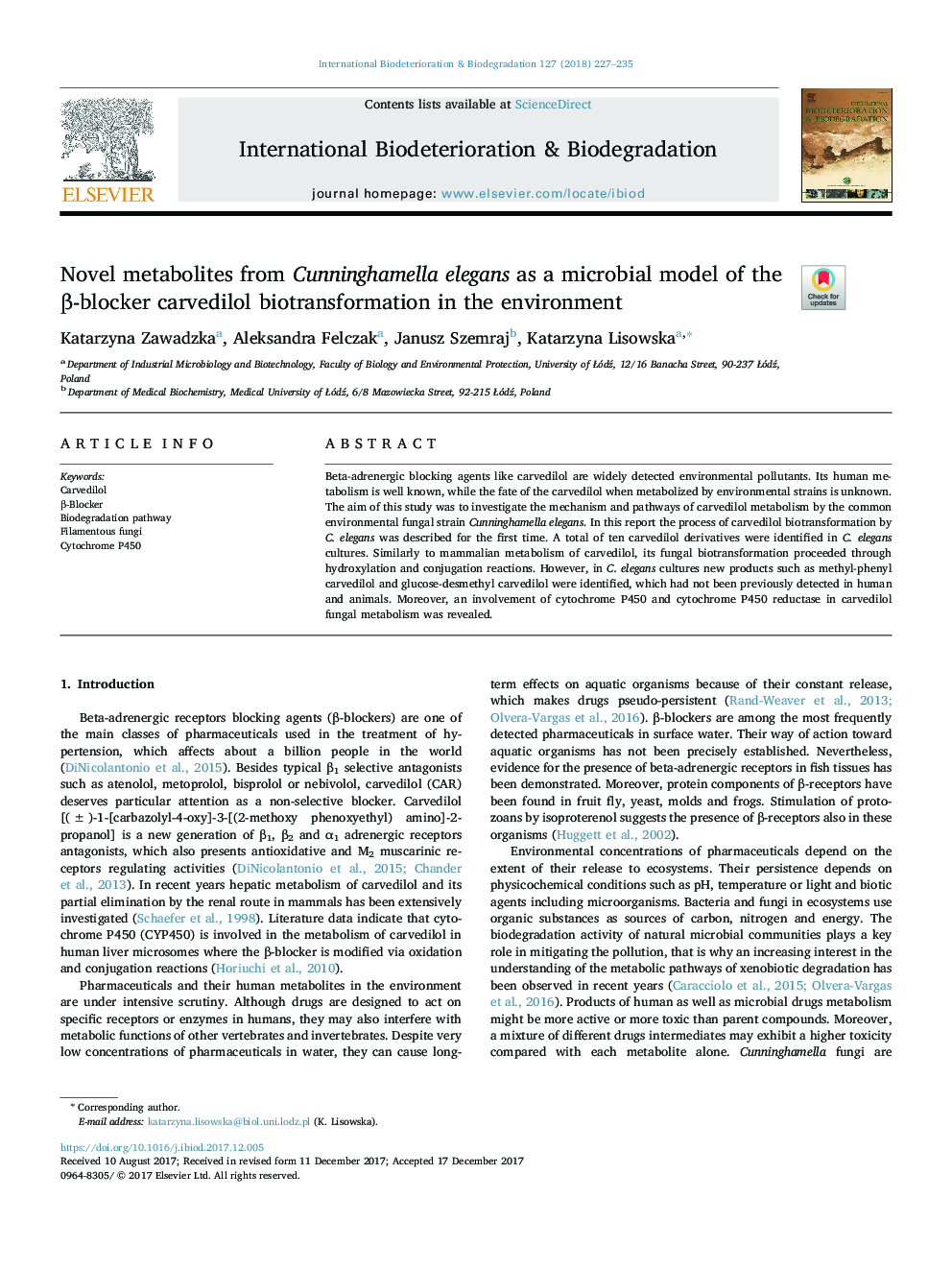 Novel metabolites from Cunninghamella elegans as a microbial model of the Î²-blocker carvedilol biotransformation in the environment
