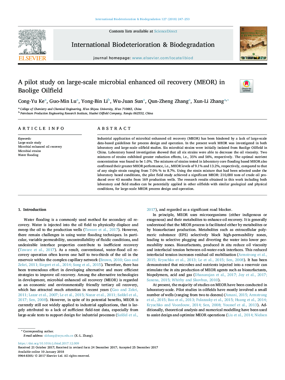 A pilot study on large-scale microbial enhanced oil recovery (MEOR) in Baolige Oilfield