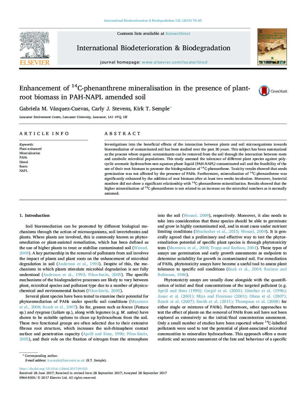 Enhancement of 14C-phenanthrene mineralisation in the presence of plant-root biomass in PAH-NAPL amended soil