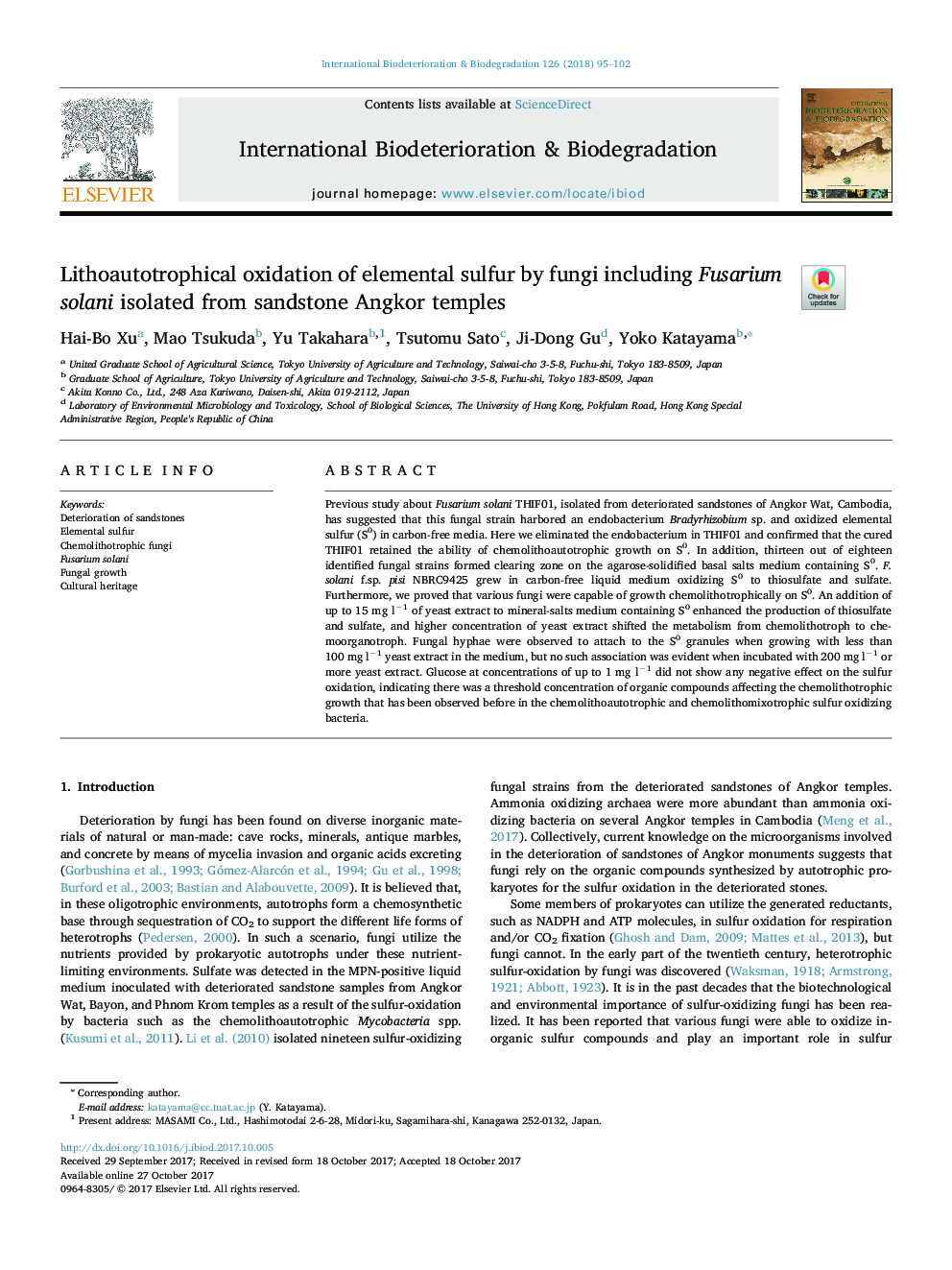 Lithoautotrophical oxidation of elemental sulfur by fungi including Fusarium solani isolated from sandstone Angkor temples